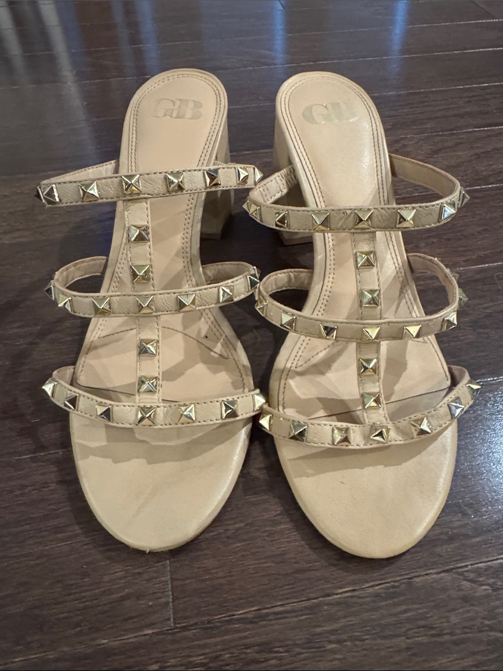 Beige Pyramid-Stud Strappy Sandals